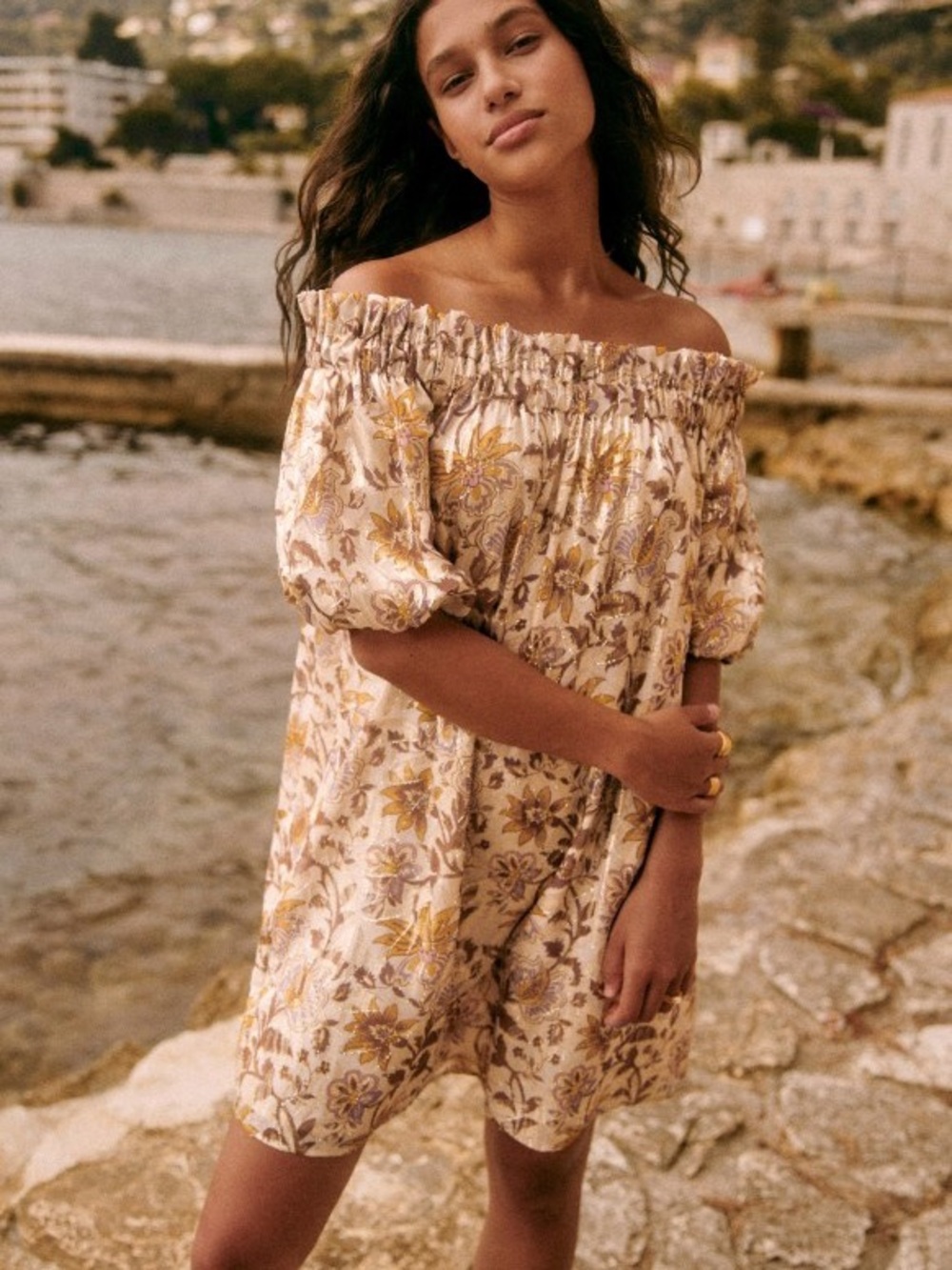 SEZANE Rosita Silk Mini Dress Metallic Floral Miranda Off-Shoulder Size 36/4